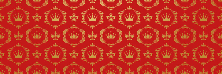Wall Mural - Beautiful background pattern with golden decorative ornament in royal style on red background for your design. Background for wallpaper, textures.