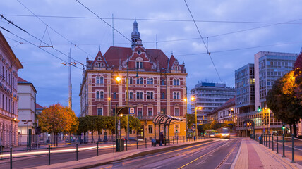 Wall Mural - Illustration of view on streets in night light of Szeged in Hungary.