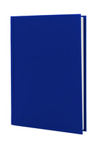 Blue hardcover book upright on white with clipping path