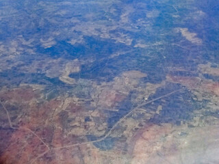  Aerial landscape of India in the atmosphere, image shot in the sky from aeroplane. Nature stock image.