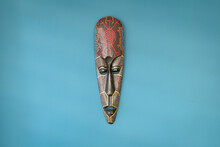 Tribe Mask On The Wall. African Tribal Mask, Wooden Black Mask Of Indigenous People