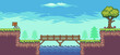 © Kaleb - Pixel art arcade game scene with tree, lake, bridge, fence, board and clouds 8 bit vector background