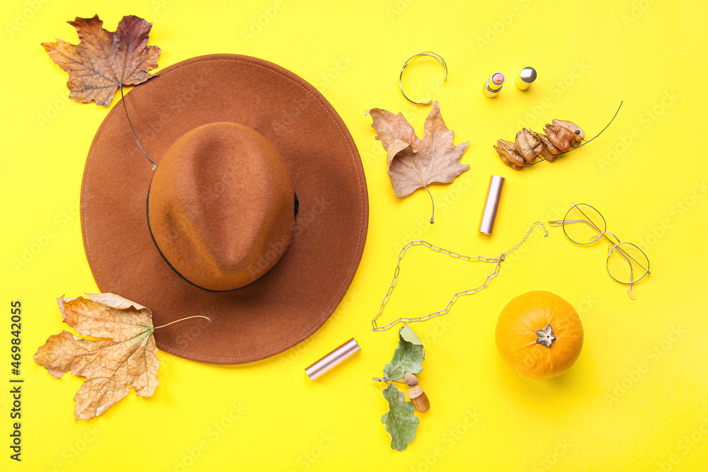 Stylish female accessories and autumn decor on color background