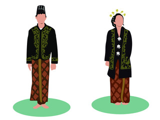 Central Java Indonesia Wedding Couple, cute Indonesian Black Javanese traditional costume vector illustration