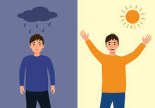 Young Man In Sad And Happy Mood In Flat Design. Positive And Negative Thinking Comparison. Mental Health Care Concept.