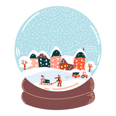 Snow globe with winter landscape, houses, people, sled, road and truck with spruce. Christmas  snow ball. Present for cozy Happy Holidays