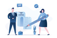 Terms And Conditions, Concept Banner. Businessman Or Lawyer Holds Long Paper Contract. Woman User Signs An Agreement. Partnership, Corporate Relations. Flat Design.