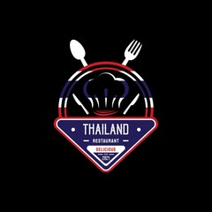 Wall Mural - Thailand Food Restaurant Logo. Thailand flag symbol with chef hat, toque, spoon, fork, and knife icons. Premium and Luxury Logo