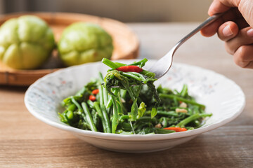 Northern Thai food, Stir fried chayote shoot leaf, Local Thai food