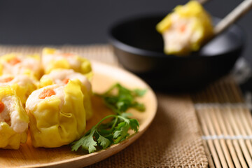 Canvas Print - Shrimp shumai, Open-topped dumpling filled with chopped shrimp, Traditional Chinese steamed dumpling