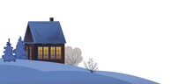 Rural Small House In Winter. Landscape. Christmas Night. Quiet Winter Evening. Gable Roof Is Covered With Snow. Suburban Village. Flat Cartoon Style. Isolated Vector Art