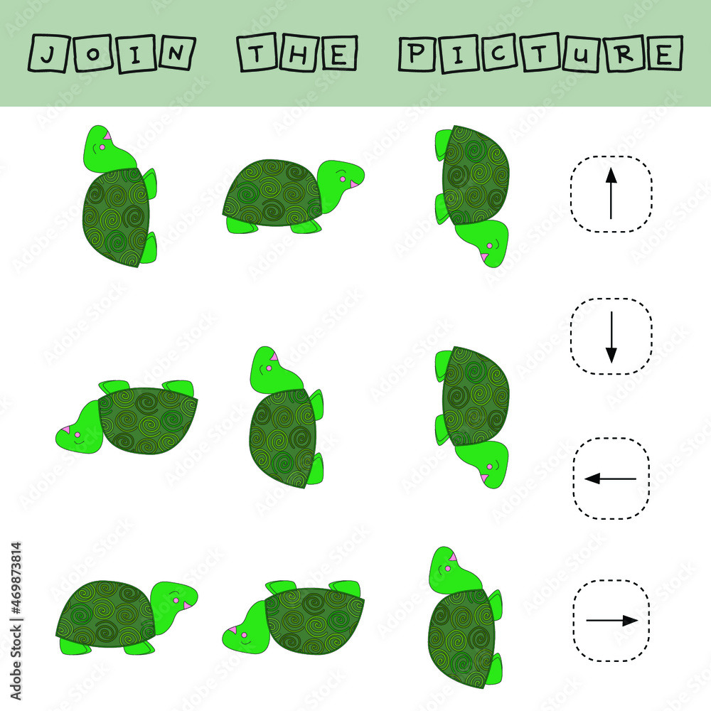 Match the pictures of animal turtles and directions up, down, left and ...