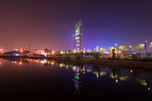 Night View Of Beijing Olympic Park, Linglong Tower, Bird's Nest And Other Buildings In The Night.