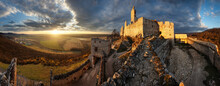 Ruin Of Castle Plavecky In Slovakia - Panorama Of Dramatic Sunset