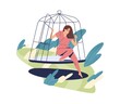 Person open cage, overcome fear and doubt, escape comfort zone. Psychological concept of freedom and risk. Woman become free, get rid of phobia. Flat vector illustration isolated on white background