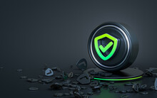 Shield Check Lock Sign 3d Render Abstract Dark Realistic Iconic Background For Social Banner Template