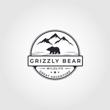 Grizzly Bear Badge Logo Vector Illustration Design. Vintage Bear Symbol