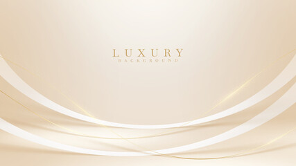 Wall Mural - Gold curve line on pastel cream color with glitter light effects elements, 3d style luxury background.