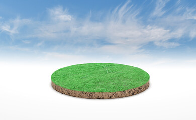 Wall Mural - 3d rendering, circle podium of land meadow. Soil ground cross section with green grass over blue sky background.