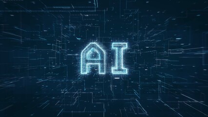 Poster - Artificial Intelligence AI title key word on a binary code digital network background