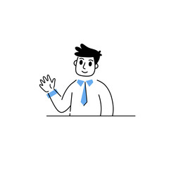 Half body character. Businessman at table. Hand gesture of welcome. Male character in suit and tie. Happy man. Outline cartoon