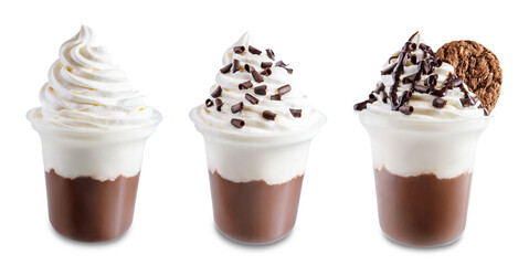 Chocolate cocktail or dessert with whipped cream on a white isolated background