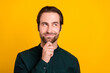 © deagreez - Photo of nice young guy hand face look empty space wear green shirt isolated on yellow color background