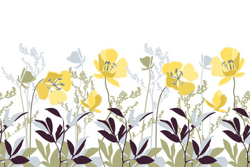 Vector floral seamless pattern, border. Beautiful yellow flowers and petals with purple-brown twigs and leaves isolated on a white background. Bronze, olive and gray floral elements in the background.