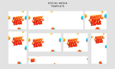 Sticker - Set Of Social Media Template And Header Layout With Sticker Style Happy New Year Font And Baubles Hang On White Background.