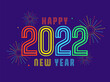 Colorful 2022 Happy New Year Font With Dotted Fireworks On Purple Background.