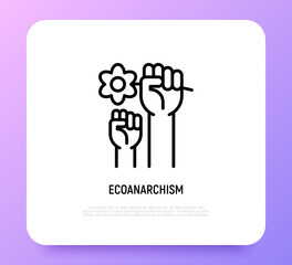 Wall Mural - Ecoanarchism thin line icon. Hand holding flower in fist. Symbol of protest. Thin line icon. Vector illustration.