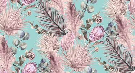 Watercolor seamless pattern with tropical dried flowers and pampas grass for fashion textiles and surface design