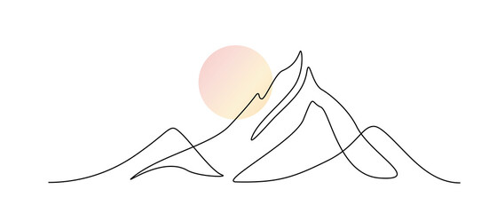 Wall Mural - One continuous line drawing of mountain range landscape with color sun. Abstract peak hills and skyline in scandinavian simple linear style. Modern panoramic sketch. Doodle vector illustration