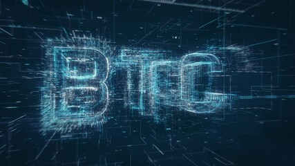 Wall Mural - btc bitcoin crypto currency title key word build up animation on a binary code digital network backg