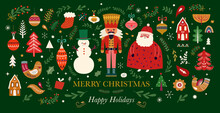 Classic Christmas Illustration With Funny Santa Claus, Nutcracker, Gift Boxes. Big Christmas Collection In Scandinavian Style With Traditional Christmas And New Year Elements