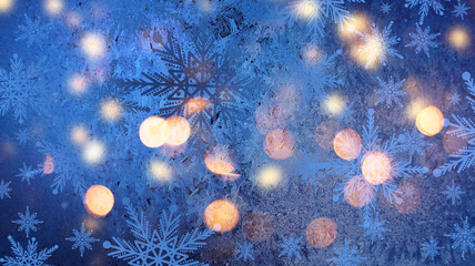 Wall Mural - abstract achristmas background. bright colored blurred lights, bokeh. neon glow, snowflakes.