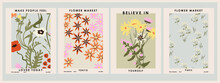 Botanical Poster Set Flowers And Branches. Modern Style, Pastel Colors	