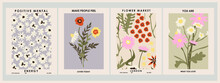 Botanical Poster Set Flowers And Branches. Modern Style, Pastel Colors	