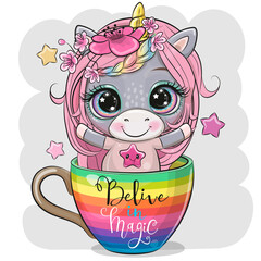 Canvas Print - Unicorn with flowers is sitting in a rainbow Cup of coffee