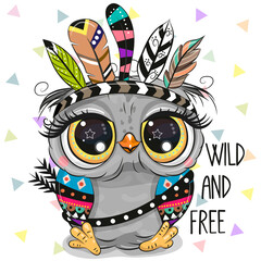 Sticker - Cartoon tribal Owl with feathers on a white background