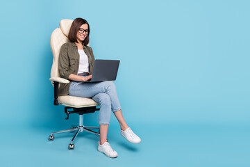 Wall Mural - full body photo of manager ceo lady sit chair use device netbook online communicate wear jeans isola