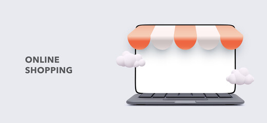 Banner of realistic 3d detailed ecommerce concept include of screen laptop. Concept of online store in your laptop. Vector illustration