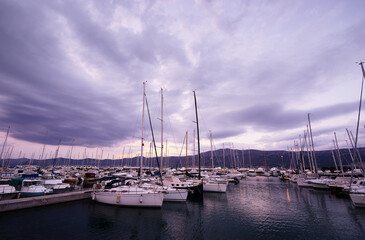 Wall Mural - Marina harbour with beautiful white yachts in Split, Croatia.