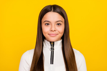 Photo of sweet charming preteen girl dressed white zipper shirt smiling isolated yellow color background