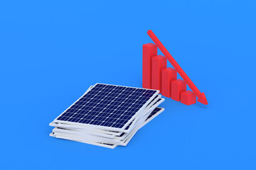 Wall Mural - Heap of solar panels near graph. Negative growth dynamics, construction of ecological power plants. Loss, photovoltaic elements sales report. Falling popularity of green energy. 3d render