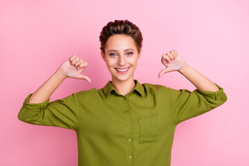 Canvas Print - Photo of cheerful charismatic lady direct finger herself wear green shirt isolated pink color background