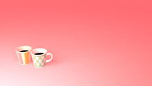 二つのかわいいコーヒーカップ　ピンク背景　俯瞰　3DCG