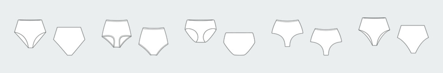 Wall Mural - Lingerie briefs, underpants. Set of female vector template isolated on a grey background. Front and back view. Outline fashion technical sketch of clothes model.