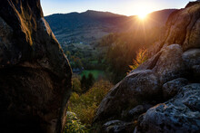 Beautiful Landscape Among Rocks  In Autumn Mountains At Sunset. The Rock Complex Of Ruins Tustan Fortress. Ukraine.