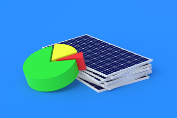 Wall Mural - Heap of solar panels near round graph. Statistics, report, analysis of power plant operation. Green energy segment. Calculating the profitability of photovoltaic station. 3d render